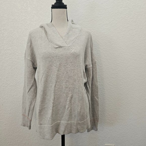 Hooded V-Neck Sweater with Pink Line at Cuff - Picture 1 of 9